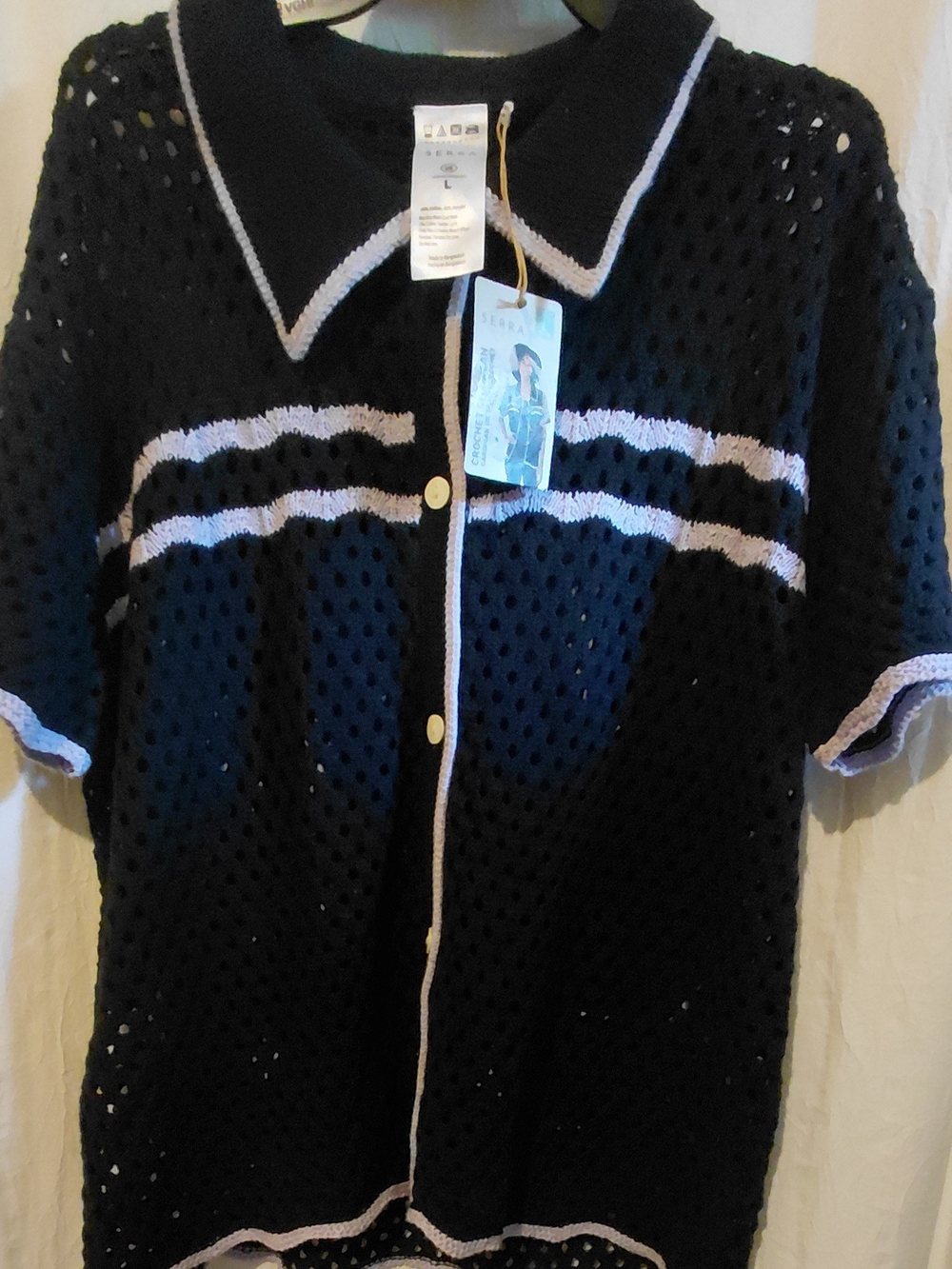 Serra Black Open-Knit Short Sleeve Cardigan with White Trim